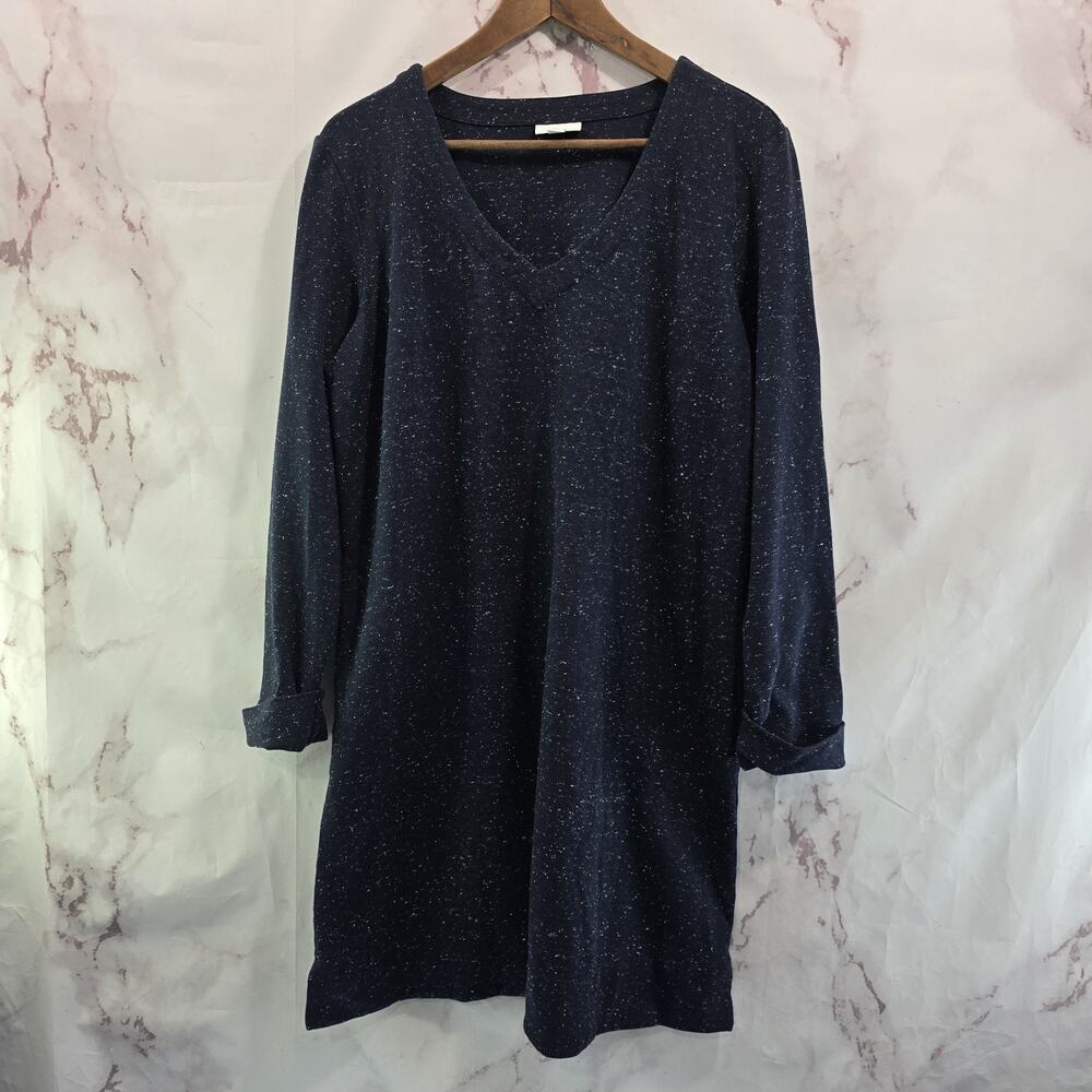 J Jill Dress Womens Large P Petite Navy Blue Speckled Fleck Shift Long Sleeve